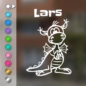 Geboortesticker met een staand draakje in wit met de voorbeeldnaam Lars