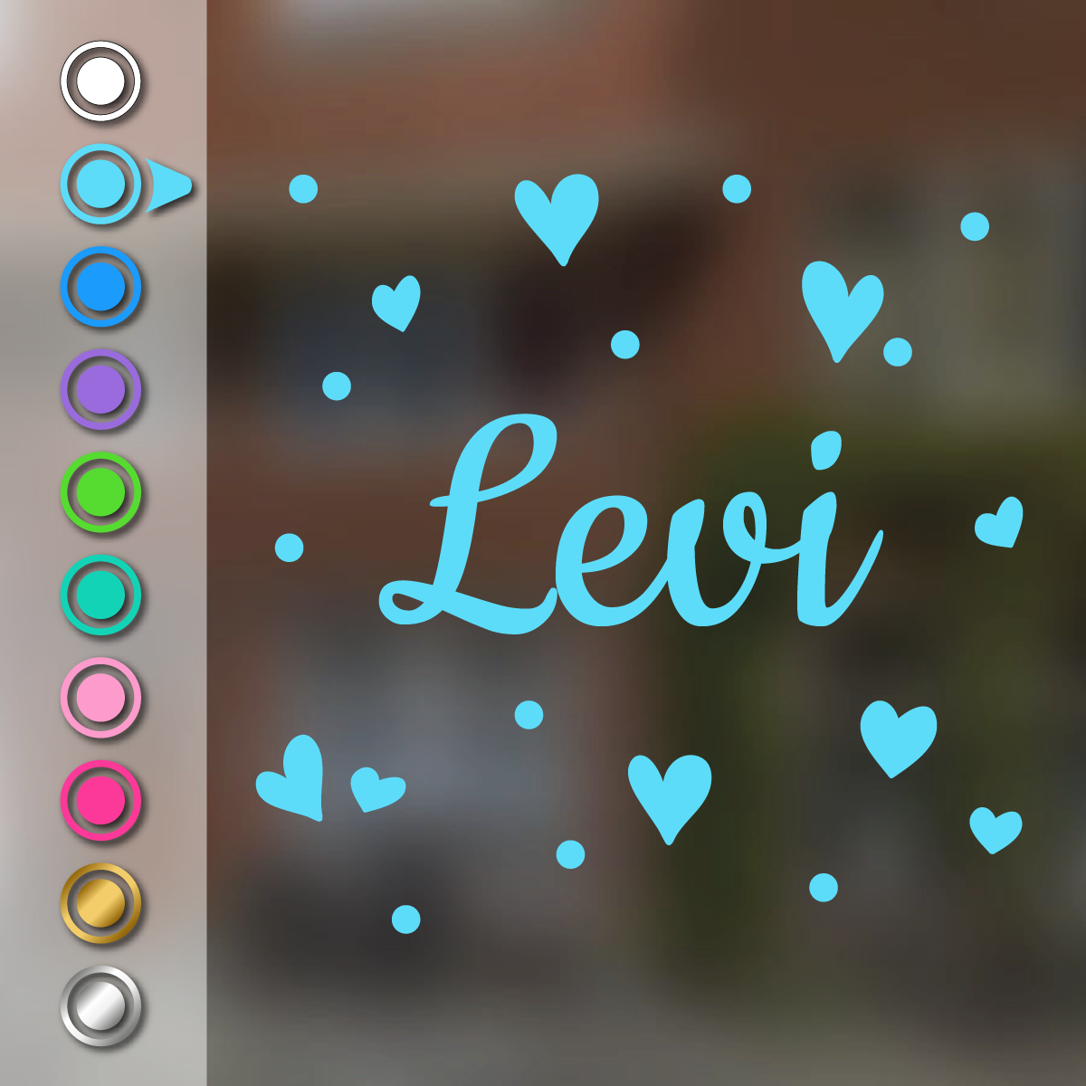 Geboortesticker met hartjes en stippen in babyblauw met de voorbeeldnaam Levi