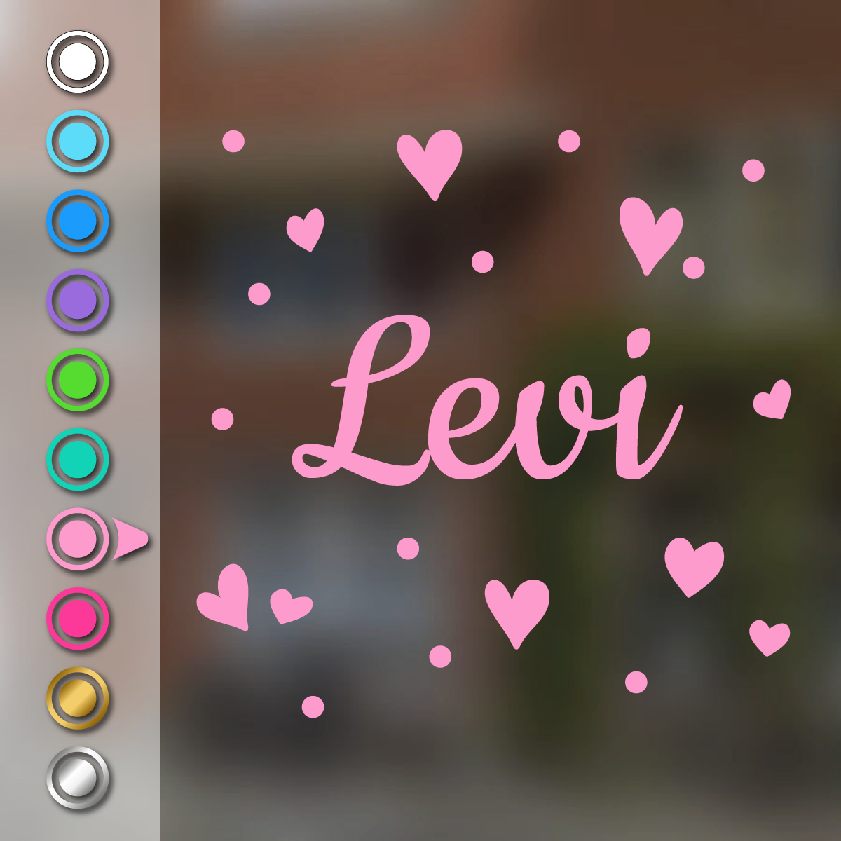 Geboortesticker met hartjes en stippen in babyroze met de voorbeeldnaam Levi