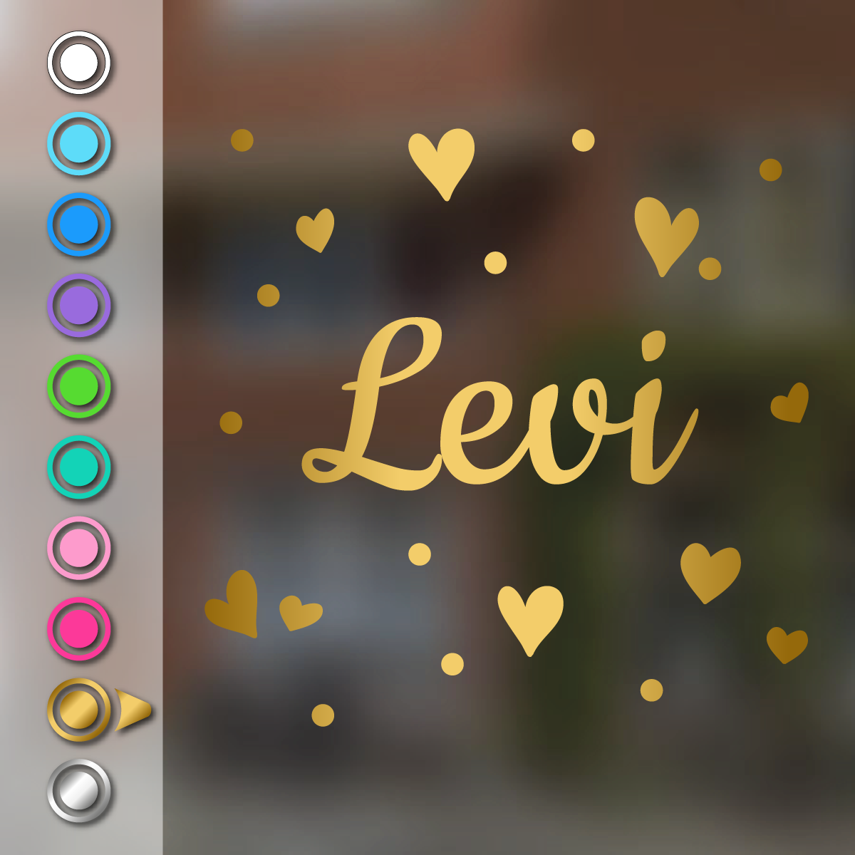 Geboortesticker met hartjes en stippen in mat goud met de voorbeeldnaam Levi