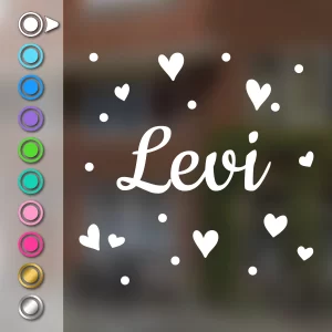 Geboortesticker met hartjes en stippen in wit met de voorbeeldnaam Levi