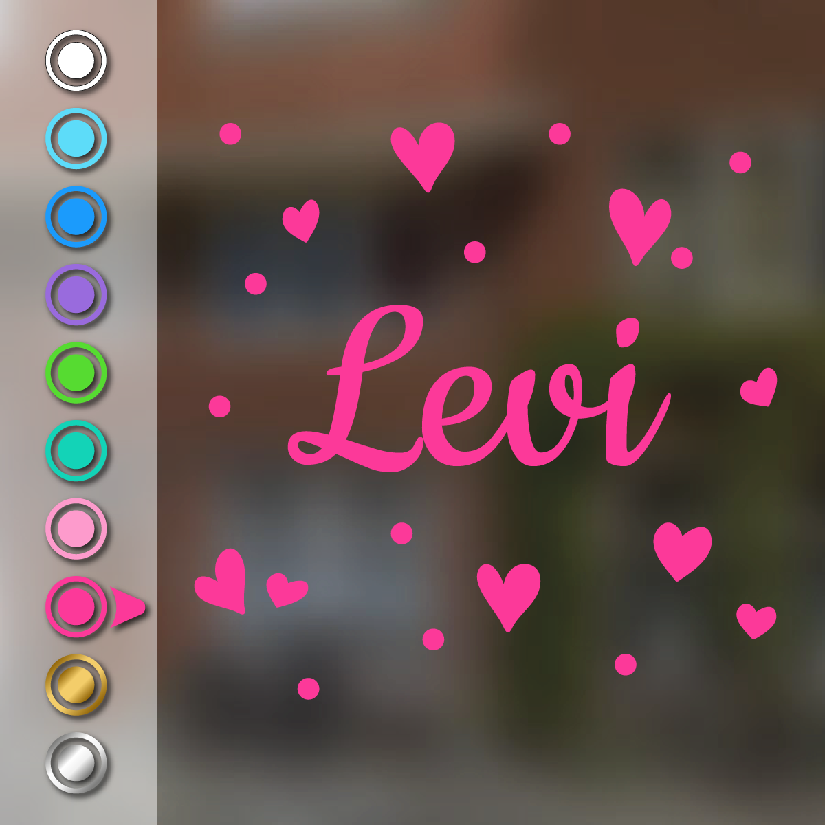 Geboortesticker met hartjes en stippen in zuurstok roze met de voorbeeldnaam Levi
