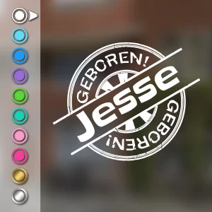 Geboortesticker met een ronde geboortestempel in wit met de voorbeeldnaam Jesse