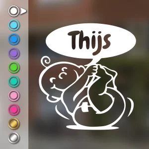 Geboortesticker met een liggende baby in een tekstballon in wit met de voorbeeldnaam Thijs