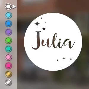 Geboortesticker met een gevulde cirkel en sterren in wit met de voorbeeldnaam Julia