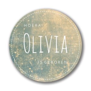 Ronde geboortesticker met groen-goudkleurige achtergrond en de voorbeeldnaam Olivia